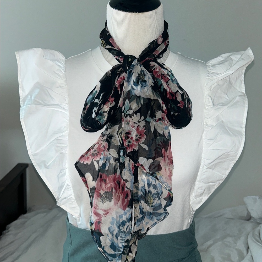 White House Black Market 76" long Floral Sheer versatile Scarf belt headwear